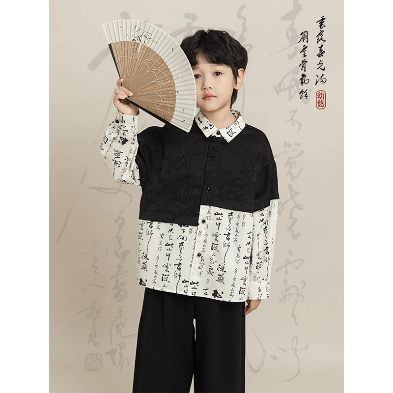 YOEHYAUL/幼悠【清货】新中式水墨数码印个性撞色拼接衬衫 N5566