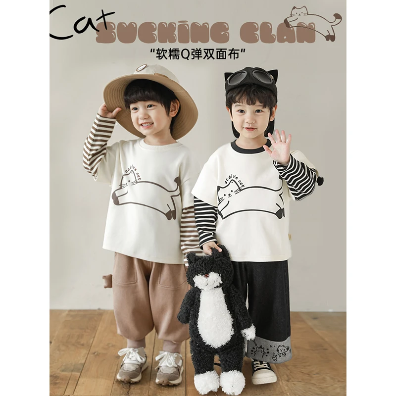 【秋三波男】壹软糯Q弹双面布 水印立体猫爪假两件条纹T恤N5371