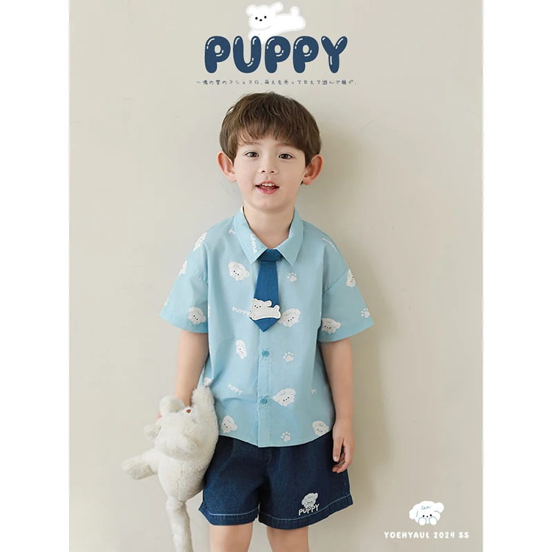 【夏三波男童】男宝夏季小狗印花可拆领带舒适休闲洋气衬衫N4771