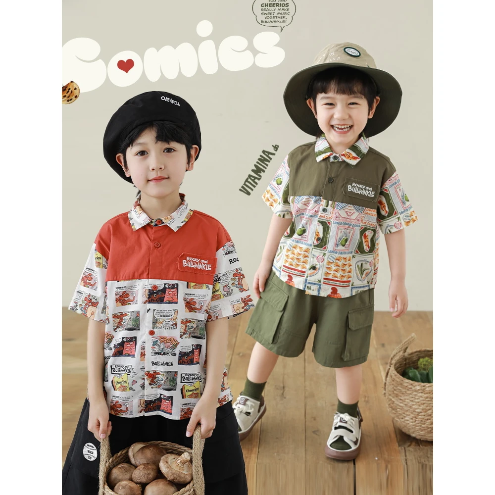 YOEHYAUL/幼悠【清货】花型印花刺绣贴布 复古画报风半袖衬衫 N5014