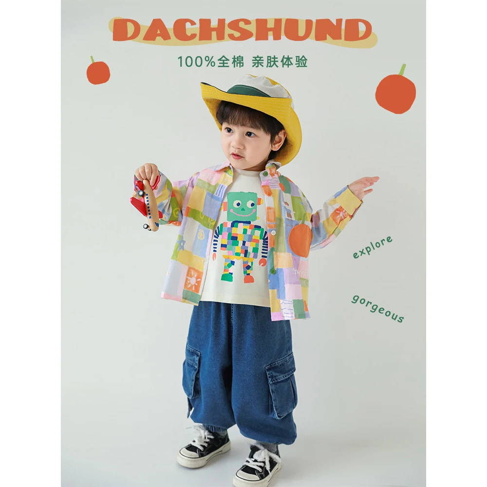 【承春启夏】幼悠男数码印花小甜橘贴布袋多巴胺色60支棉衬衫WN0010