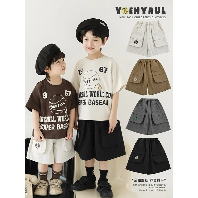 【夏三波男童】夏季清凉棉布 胶印绣标  宽松大口袋五分短裤N4857