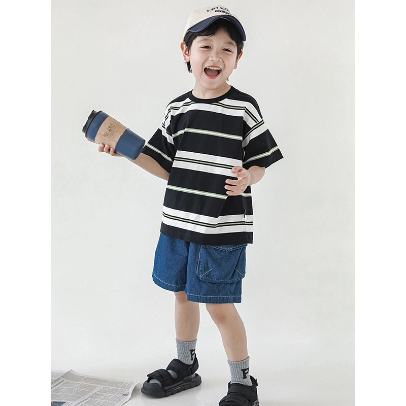 【先夏一波】幼悠夏季潮流驱动 时尚动感条纹 宽松短袖童装N3355