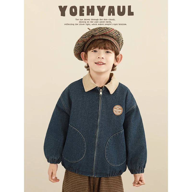 YOEHYAUL/幼悠贰冬六波潮酷又保暖 复古撞色领 牛仔夹棉外套N5240