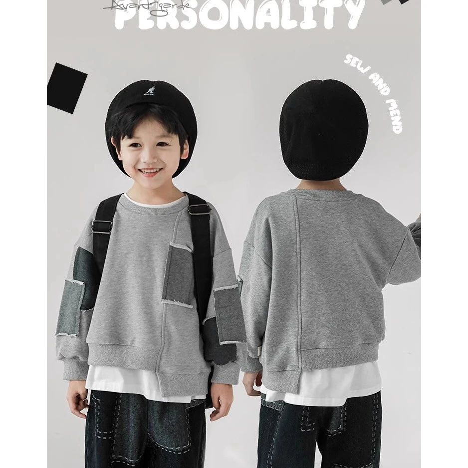 幼悠【趣味拼接】男童时尚撞色须边拼布视感休闲落肩卫衣 淸 N4254