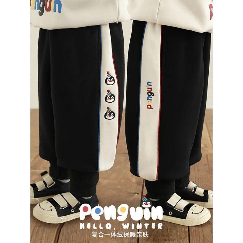 YOEHYAUL/幼悠贰冬四波【企鹅刺绣运动裤】原创撞色拼接一体绒N5707