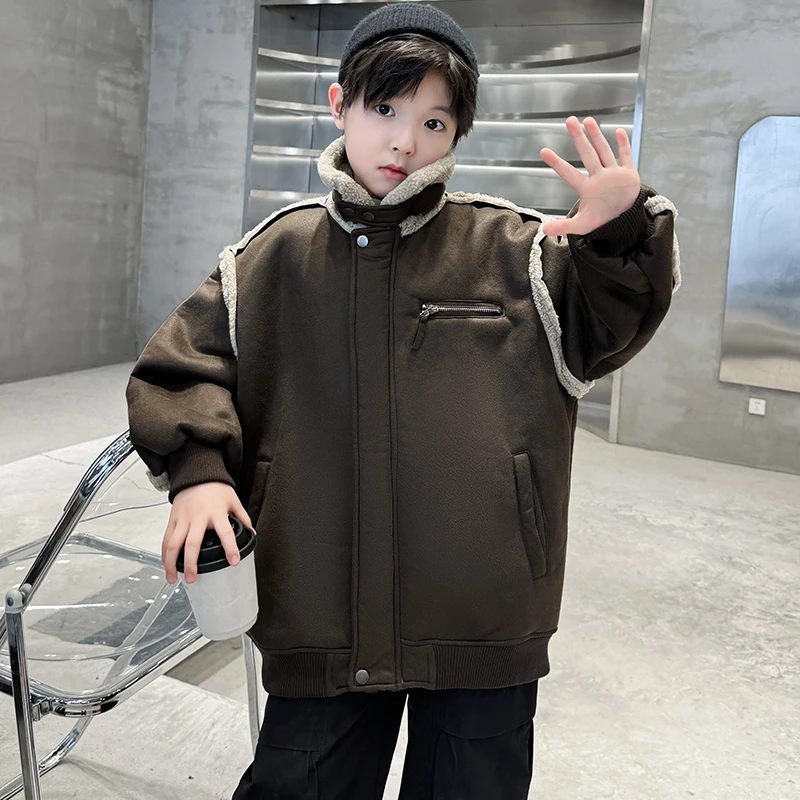 儿童装男童加绒外套秋冬款2024新款中大童冬季皮毛一体保暖衣服潮