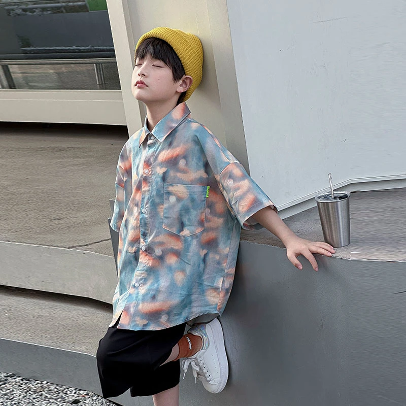 男童短袖衬衫夏季2024新款中大童男孩时髦半袖衬衣儿童痞帅炸街潮