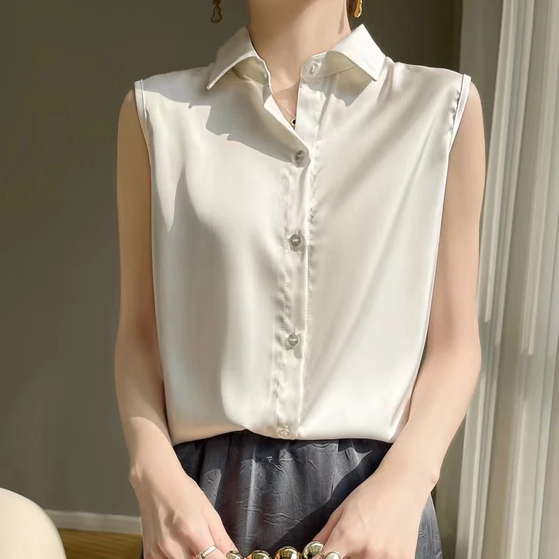 24年春夏新款时尚白衬衫女职业装面试正装POLO领纯色系扣背心宽松