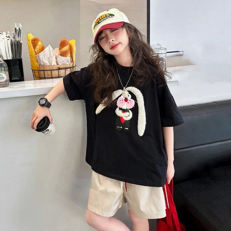 女童夏季短袖T恤时髦女孩中大儿童洋气半袖毛巾绣夏装上衣8岁9潮