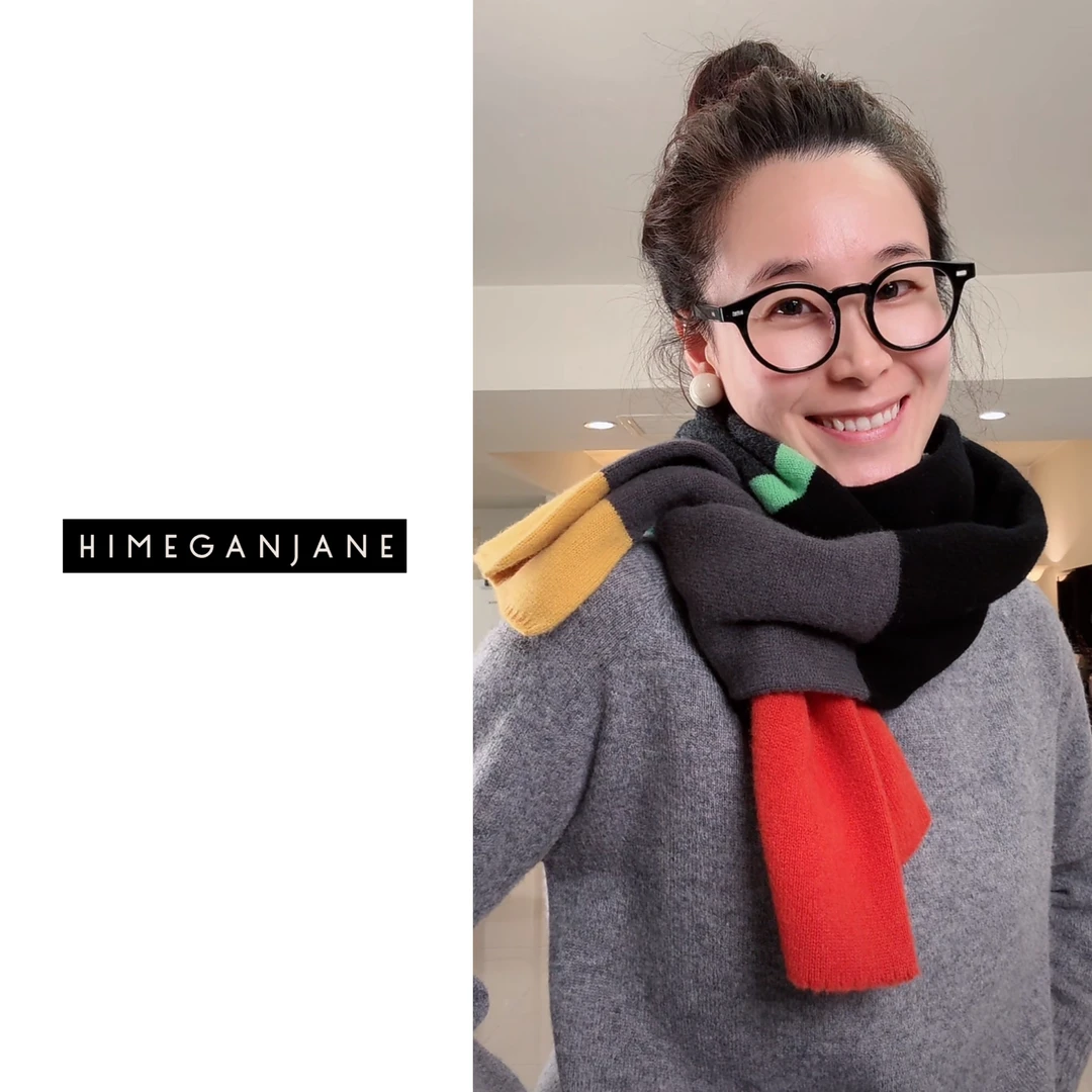 HIMEGANJANE 100绵羊毛 撞色多巴胺彩色保暖百搭围巾5806