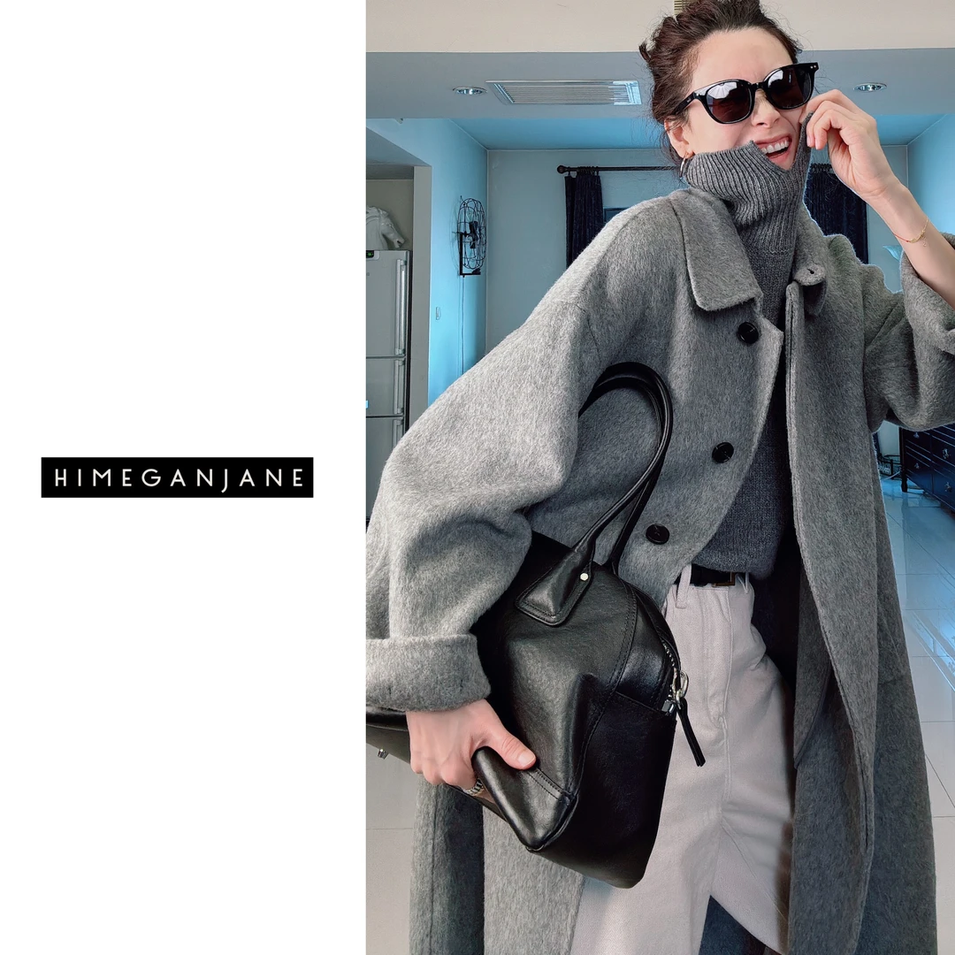 HIMEGANJANE轻奢版冬季全澳毛手工廓形休闲气质双面呢羊毛大衣G18