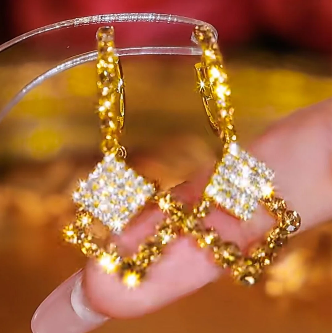 银针耳饰 【15号】高级时尚女人味菱形满钻方块富婆耳环