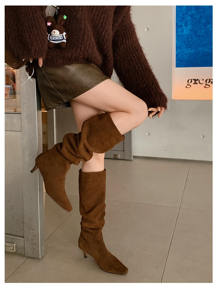 2024秋冬新款流行时尚百搭真皮猫跟骑士尖头长筒瘦瘦靴女士靴女鞋