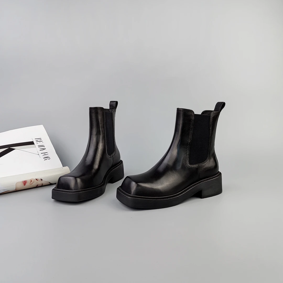 2024秋冬气质时尚百搭女士真皮一脚蹬简单大气圆头短靴鞋-2366-1