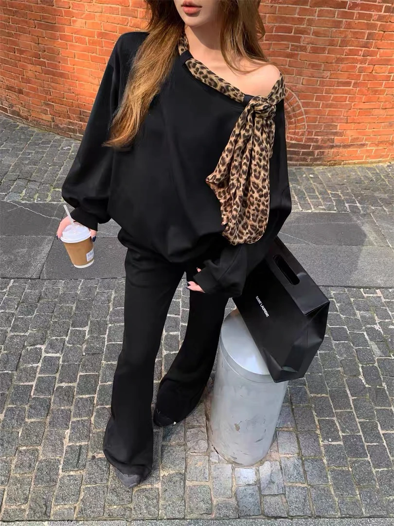卫衣 露肩豹纹两件套