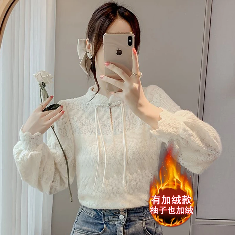 新中式复古盘扣上衣女秋冬加绒蕾丝打底衫别致漂亮高级感国风小衫