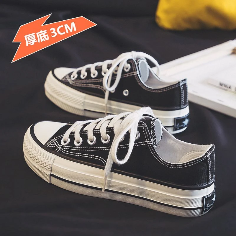 厚底帆布鞋女学生2023秋季新款韩版百搭ulzzang黑色增高低帮板鞋