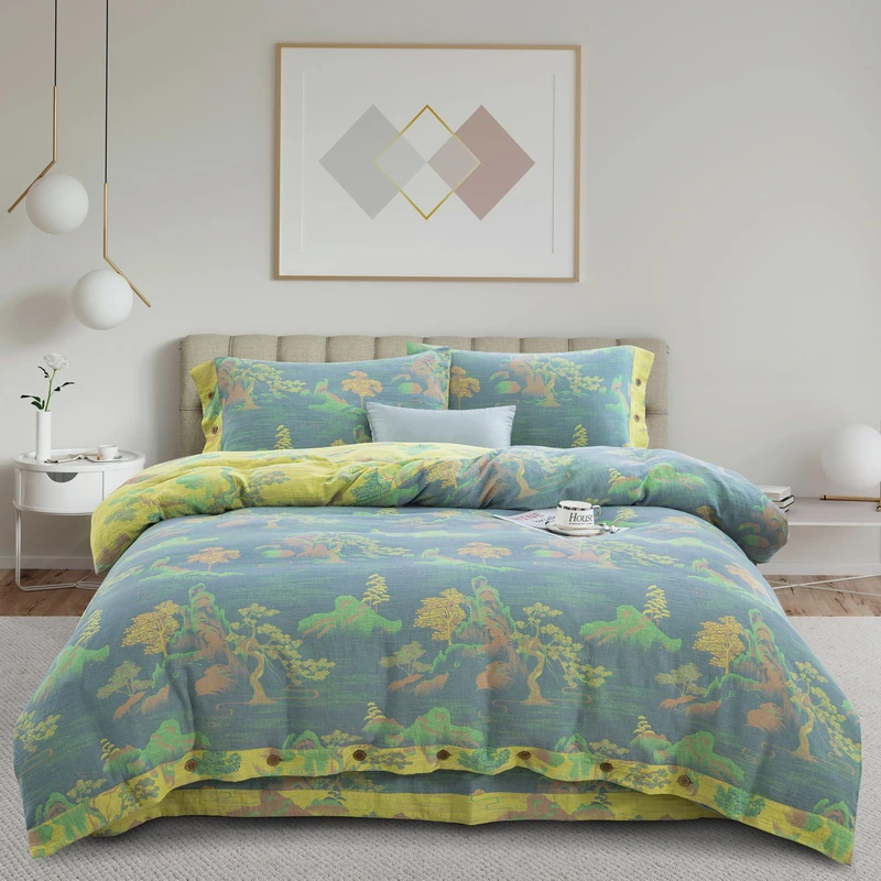 【水木清华-灰黄】全棉A类母婴色织提花双层纱柔软舒适被套四件套棉