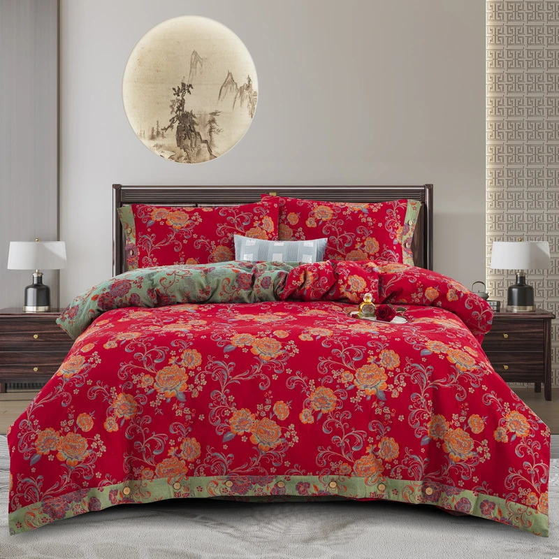 【床盖款三层纱--茉上花开红】四件套全棉立体提花高端纽扣加厚陪嫁