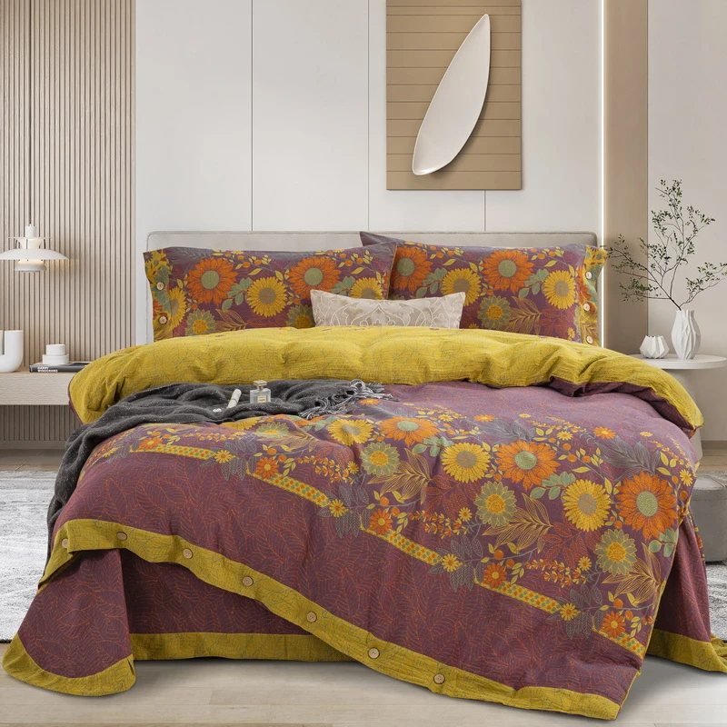 【花开半夏-紫罗兰准大版】A类色织双层纱四件套全棉秋冬家居温暖