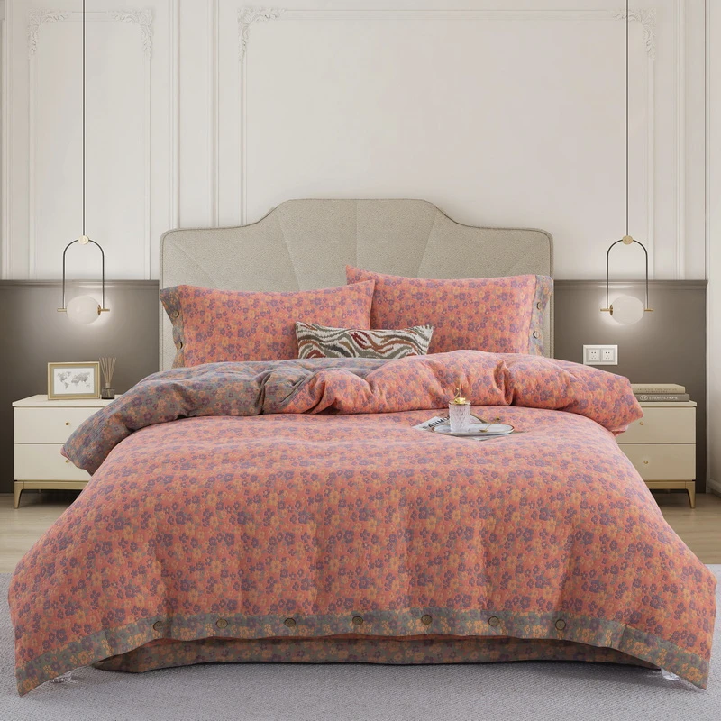 【床盖款三层纱-清新之歌粉】全棉四件套高工艺纽扣A类母婴加厚碎花