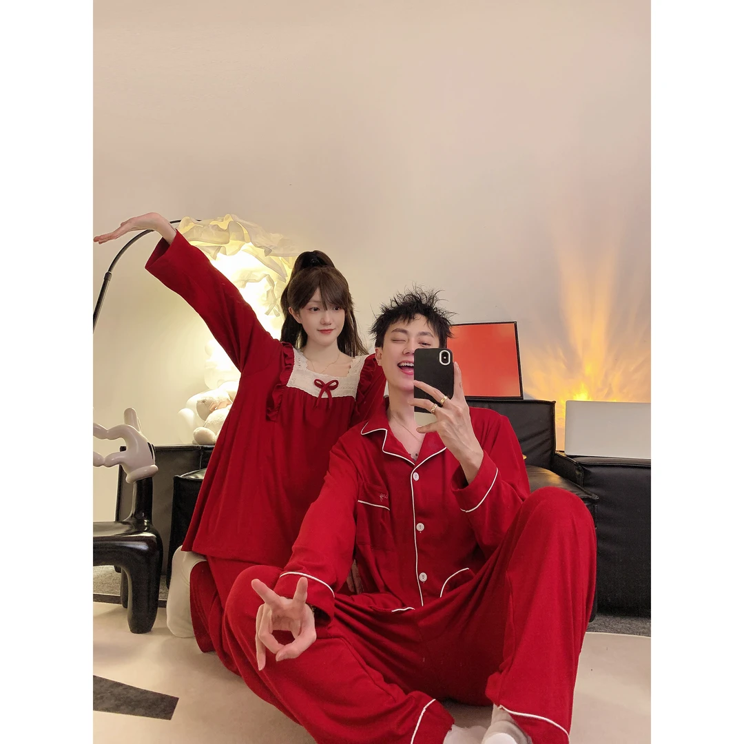 加肥加大码红色睡衣女春秋款长袖公主风甜美本命年新娘结婚套装