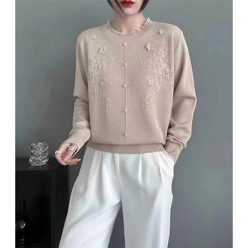 花花/3528-名媛范蕾丝领女气质针织打底衫