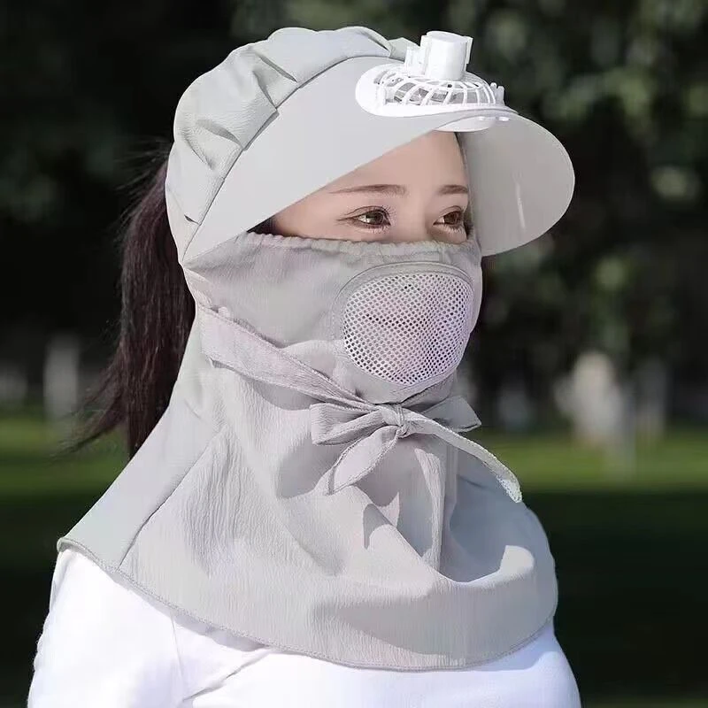 防晒帽女带风扇遮脸面罩夏季电动车骑行大沿护颈开车遮阳帽太阳帽