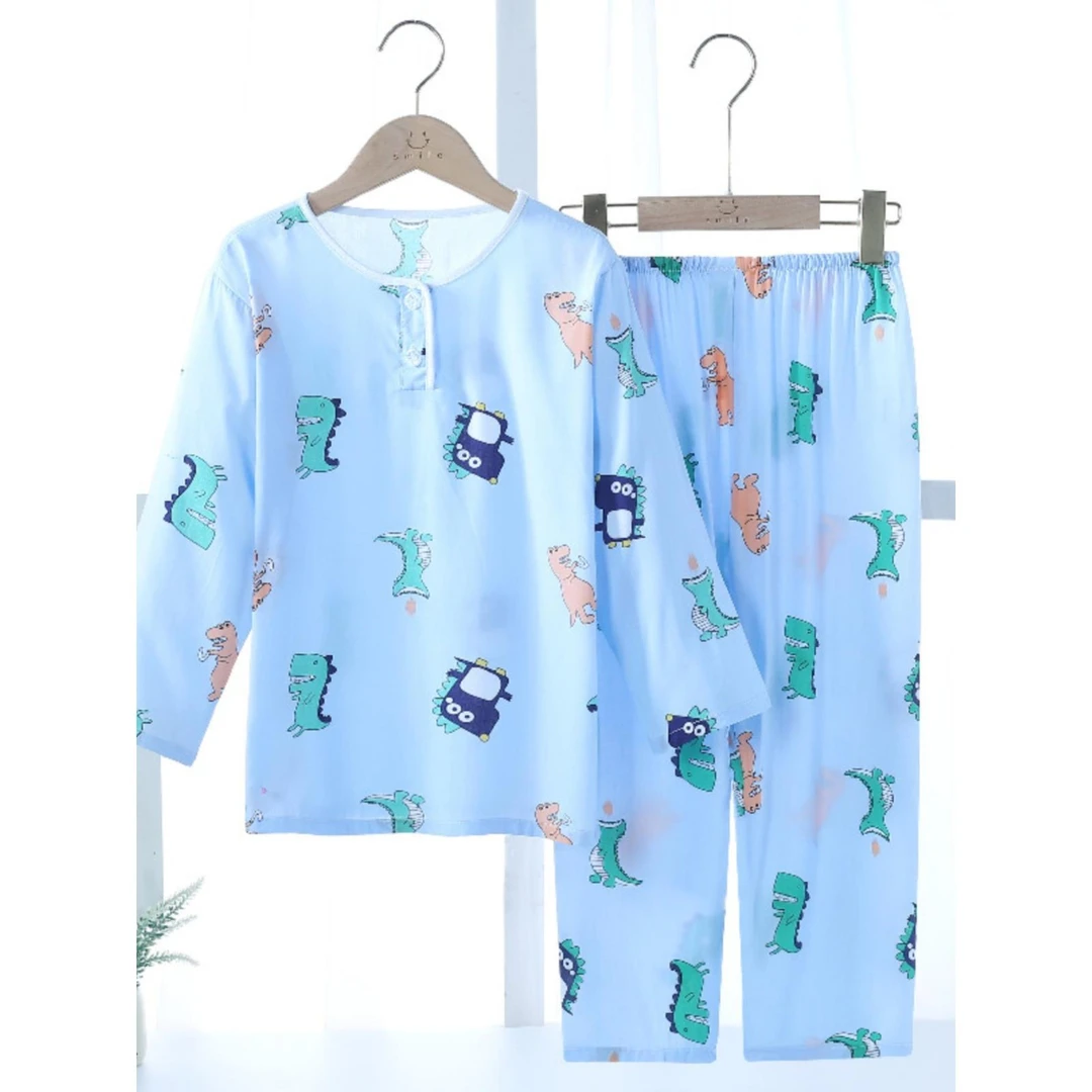 儿童睡衣棉绸夏季男孩女孩冰丝男童女童超薄款绵绸长袖套装空调服