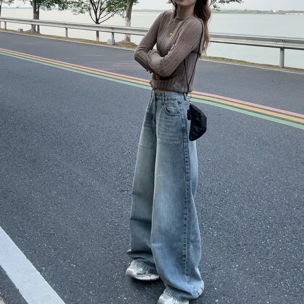高腰百搭牛仔裤子女款爆款2025新款正品宽松显瘦洋气阔腿拖地裤子
