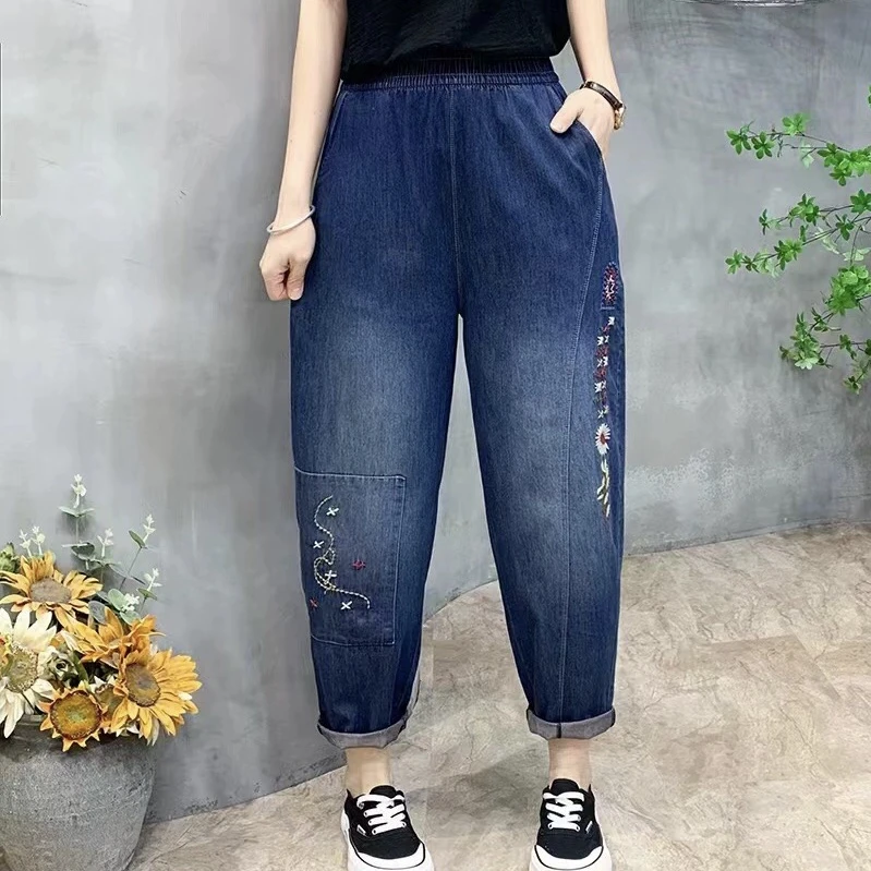 夏季女士九分宽松显瘦刺绣哈伦牛仔裤高腰弹力舒适