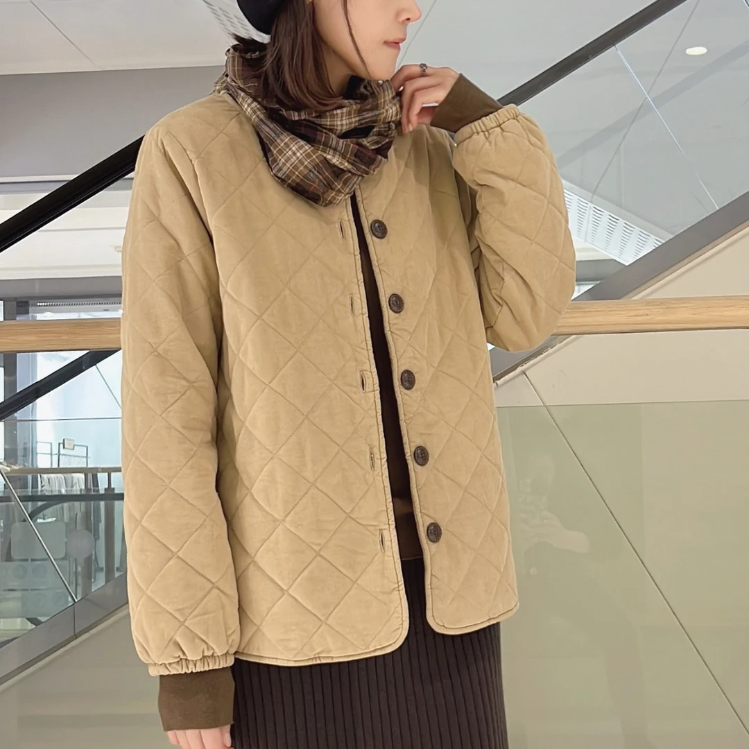 绵柔文艺圆领百搭灯芯绒菱格拼接防寒服保暖新雪丽棉服冬季新款女