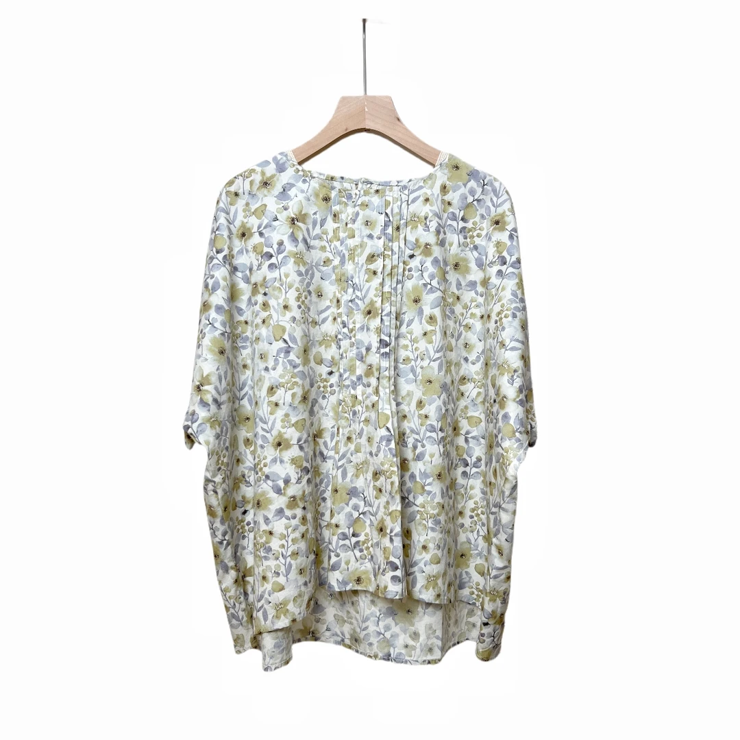 莫奈花园风印花圆领短袖减龄上衣女式宽松清凉薄款纯棉休闲衬衣夏