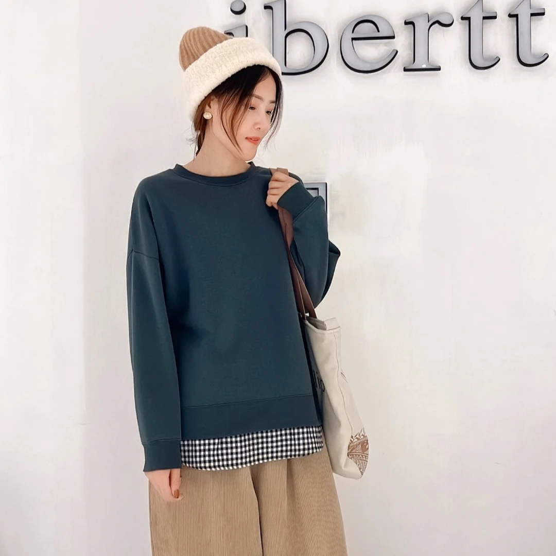 秋冬季新款休闲美式拼接格纹下摆加绒保暖体恤卫衣女士假两件上衣