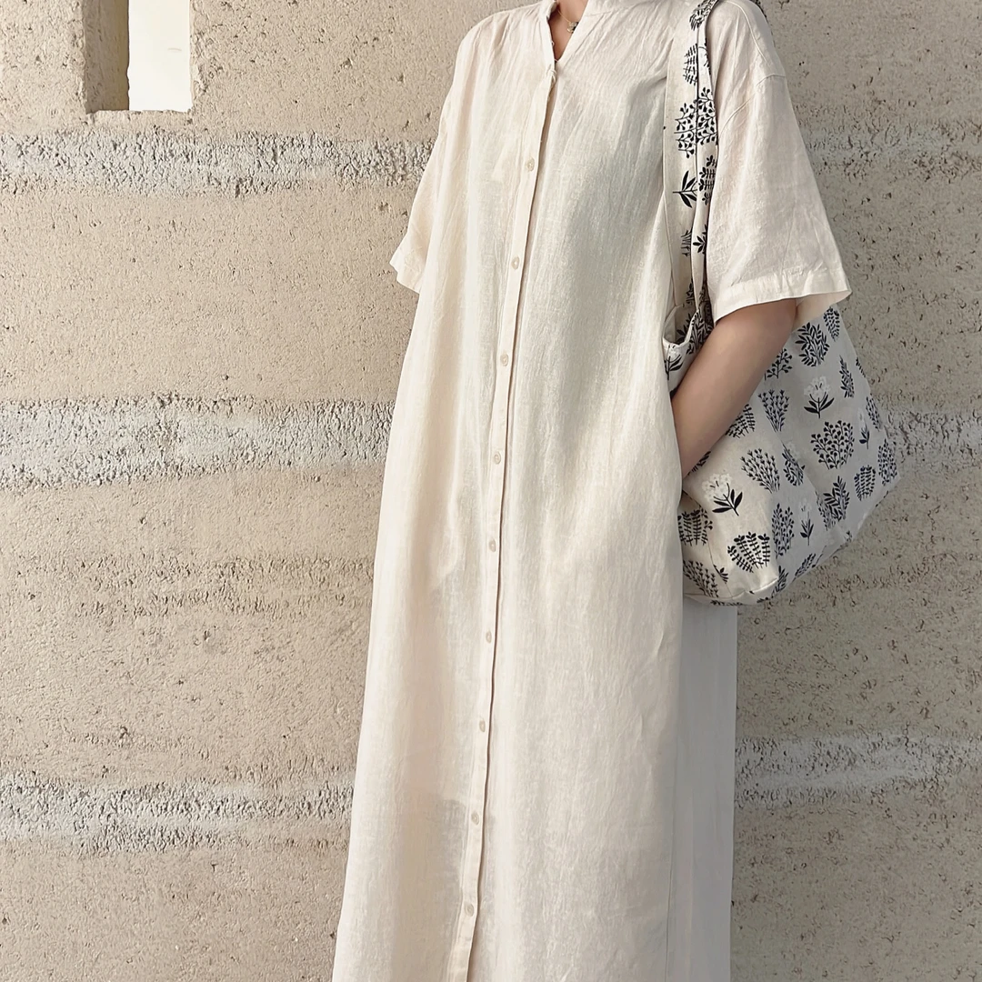 新款夏季棉麻立领短袖开衫长衬衫复古柔软又舒适连衣裙气质长裙子