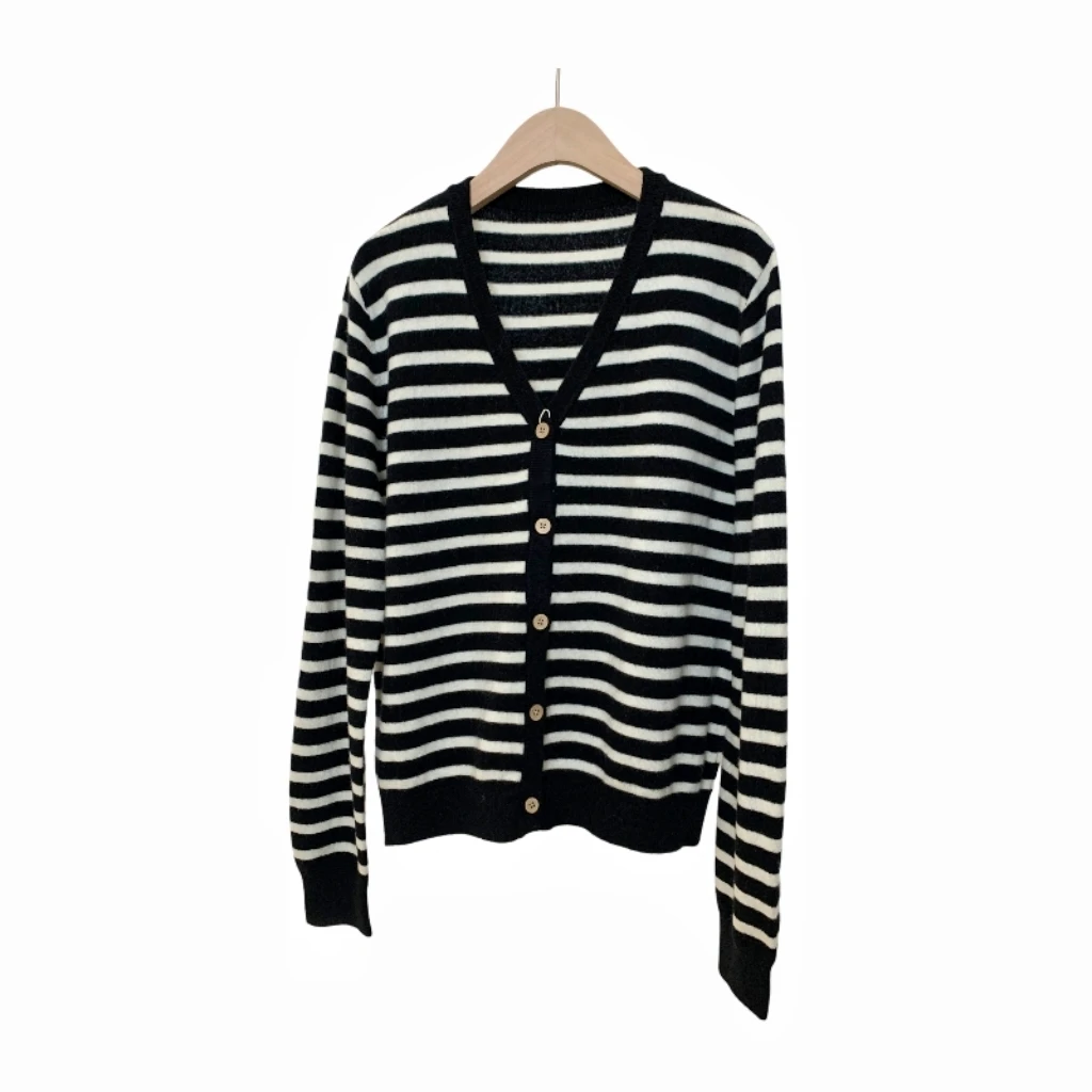 100%羊毛针织外套开衫秋冬新款V领长袖毛衣黑白条纹针织衫上衣女