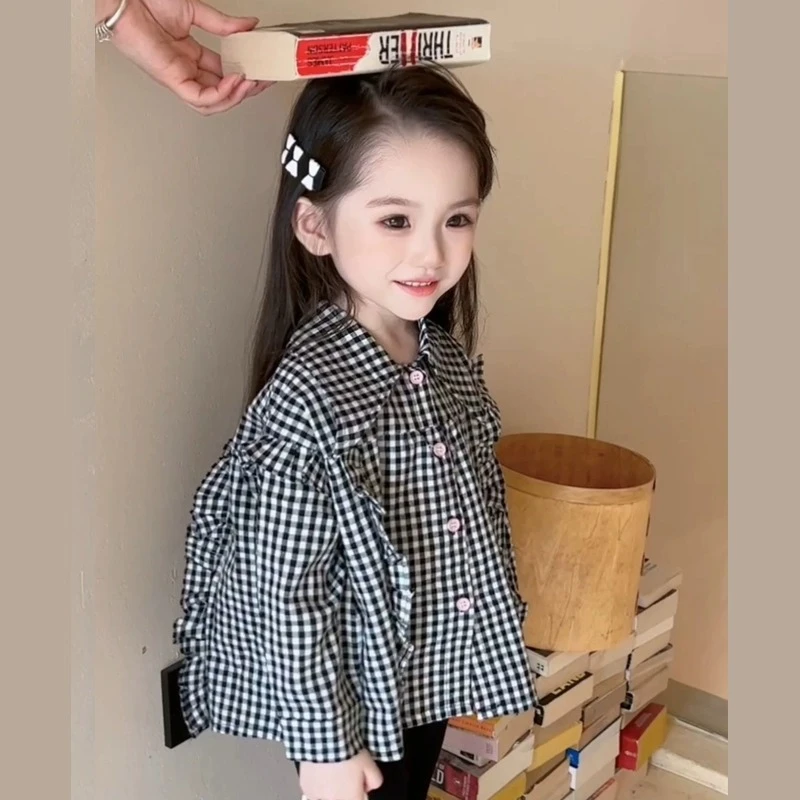 女童格子衬衫外套新款秋装洋气衬衫女宝宝格子衬衣韩版娃娃衫潮