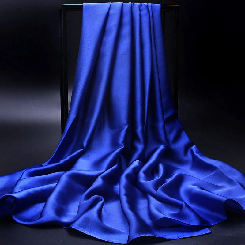 新款缎面纯色丝巾长款宝石蓝围巾女士披肩春秋冬保暖围脖高档纱巾