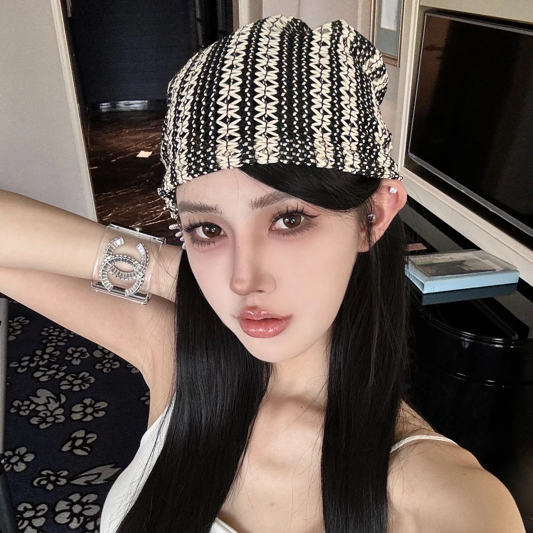 时尚夏季薄款堆堆帽女百搭镂空防晒透气包头帽编织宽松套头帽小众