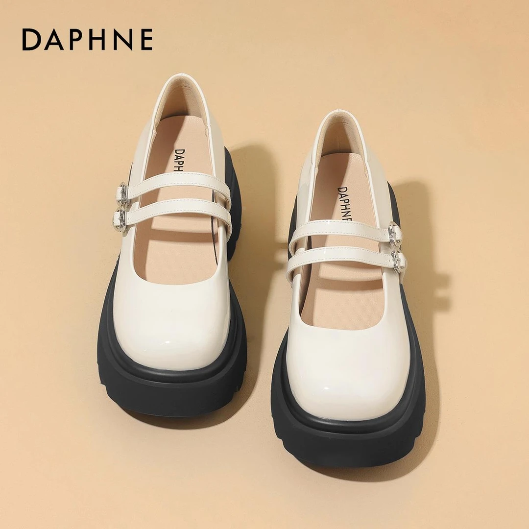 达芙妮白色厚底增高玛丽珍鞋子女2025新款夏季圆头粗跟小皮鞋女鞋