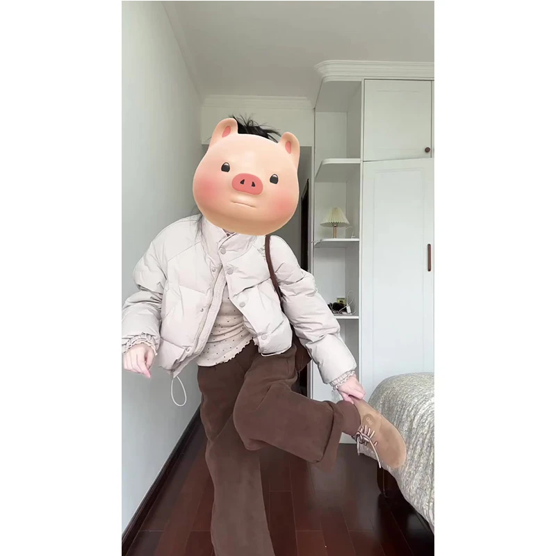 米白色羽绒服女冬季小个子加厚白鸭绒面包服短外套阔腿裤两件套装