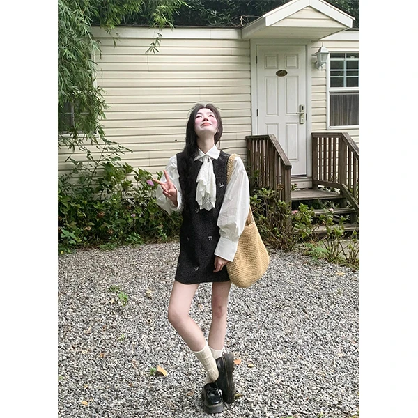 秋季法式复古高级感小香风连衣裙套装千金风衬衫背心裙两件套裙装