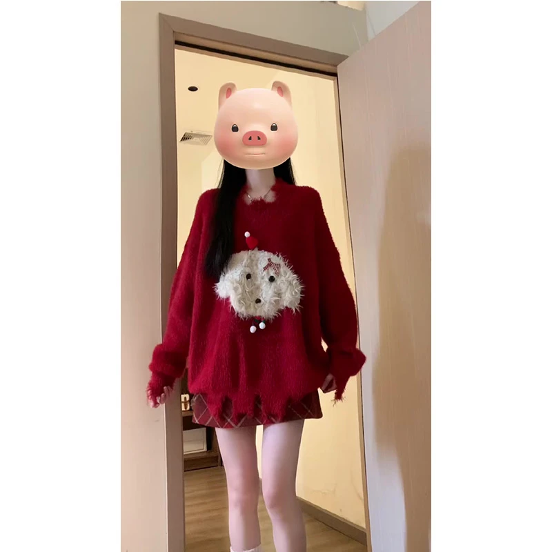 圣诞穿搭新年红色卡通小狗毛衣女秋冬新款宽松针织衫短裙两件套装