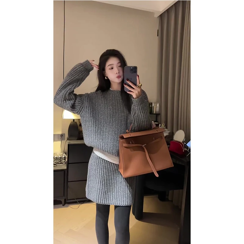 韩系复古休闲灰色针织套装裙女秋冬季宽松加厚圆领毛衣短裙两件套