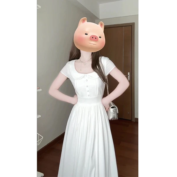 2024夏季白茶少女气质法式温柔淑女娃娃领收腰连衣裙长裙