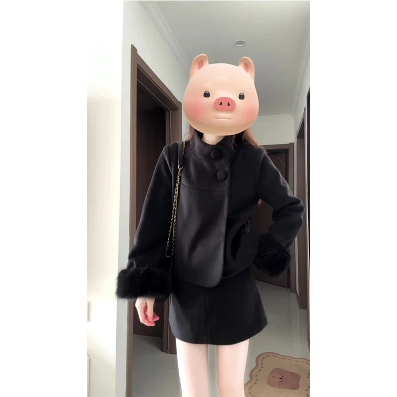 秋冬新款富家千金风套装夹棉黑色毛毛外套女高腰半身裙两件套装