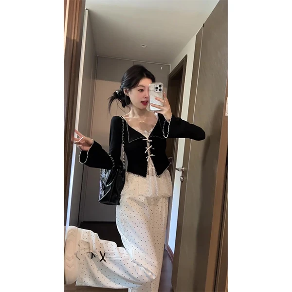 休闲套装蕾丝吊带背心长袖开衫上衣女装早秋白色阔腿裤长裤三件套