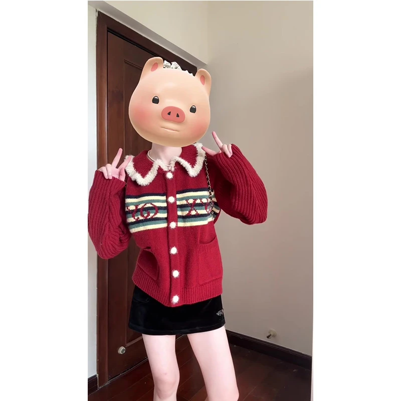 复古圣诞新年红色条纹字母提花翻领毛衣外套女A字短裙两件套装