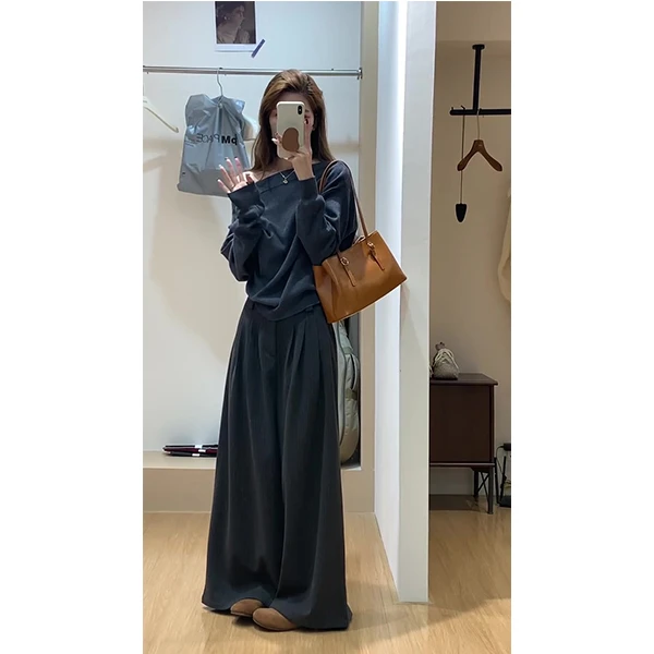 秋冬新款不规则一字肩针织衫高腰慵懒风阔腿裤两件套装